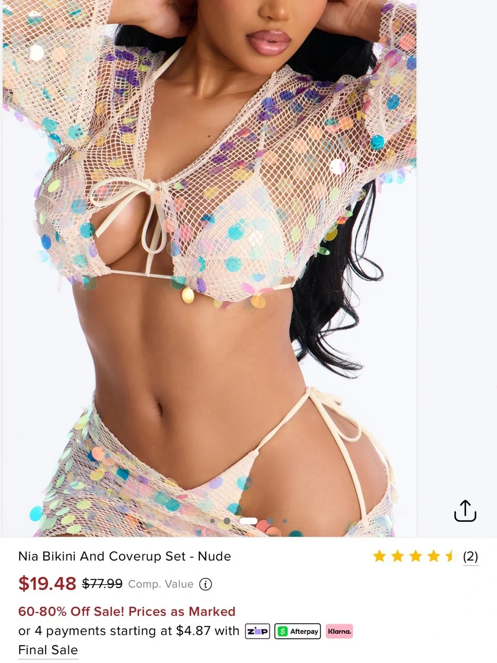 Fashion Nova Nude Sequin Mesh Bikini & Sheer Coverup Set
